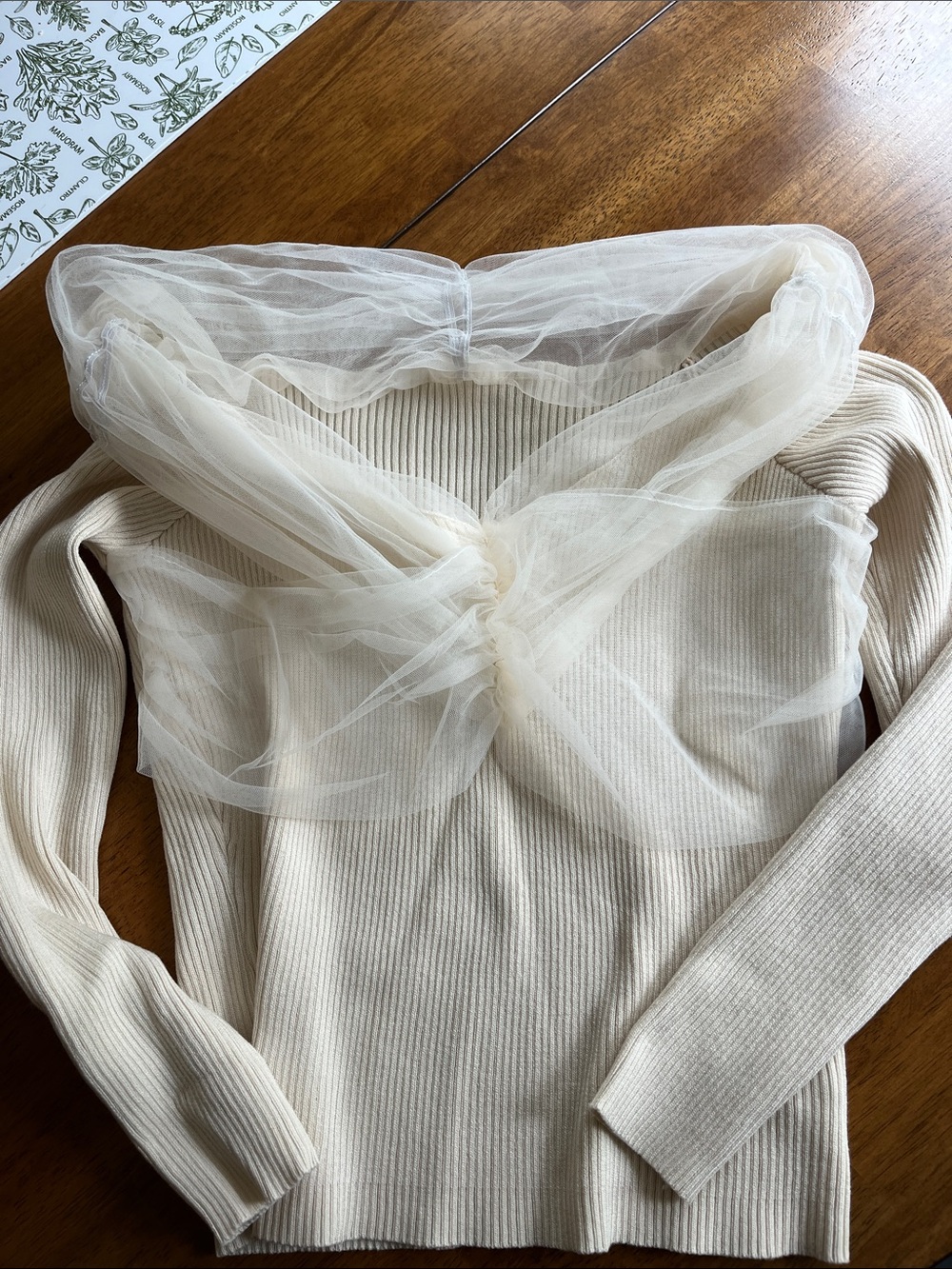 Chicwish Off-Shoulder Cream Ribbed Sweater with Sheer Overlay